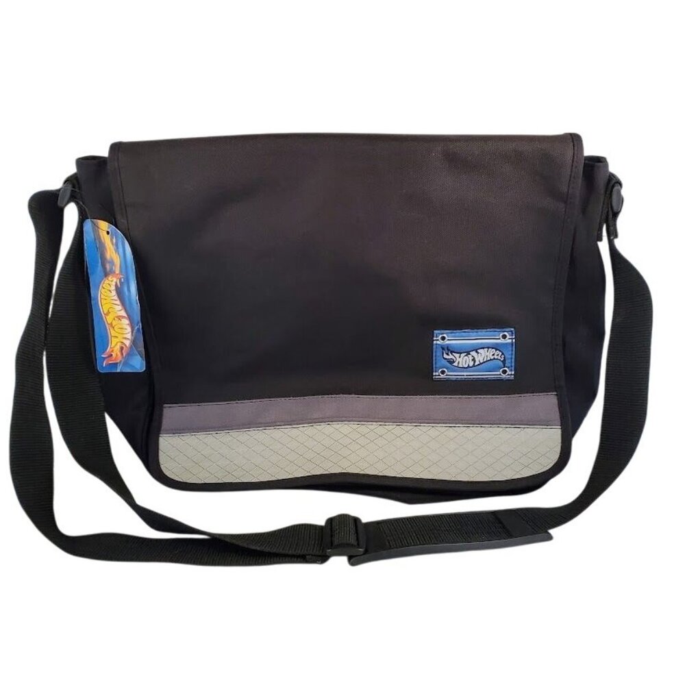 Hot Wheels Vintage Black & Gray Messenger Bag W/ Adjustable Strap & Logo Tag Rar
